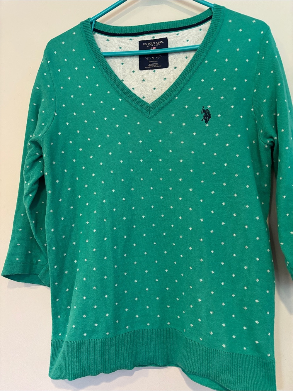 U.S. Polo Assn. Teal V-Neck Sweater with White Dot Pattern